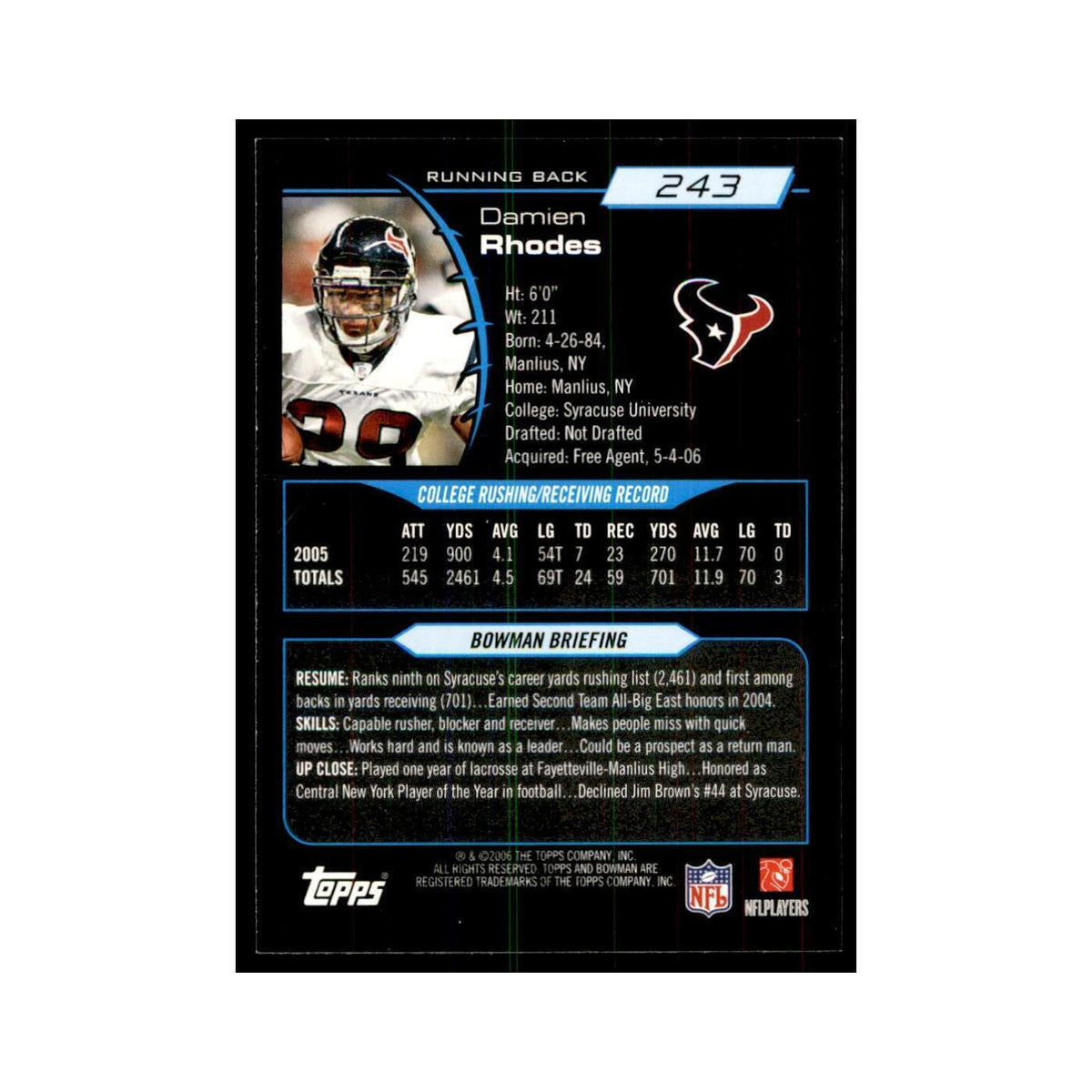 2006 Bowman Damien Rhodes Football Cards #243