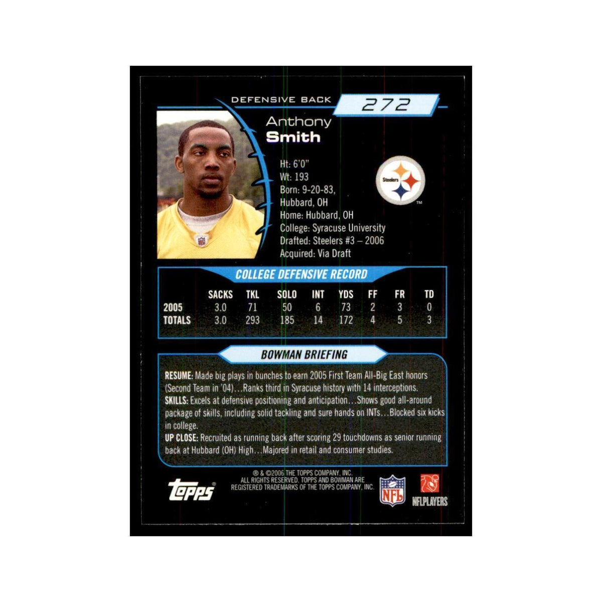 2006 Bowman Anthony Smith Football Cards #272
