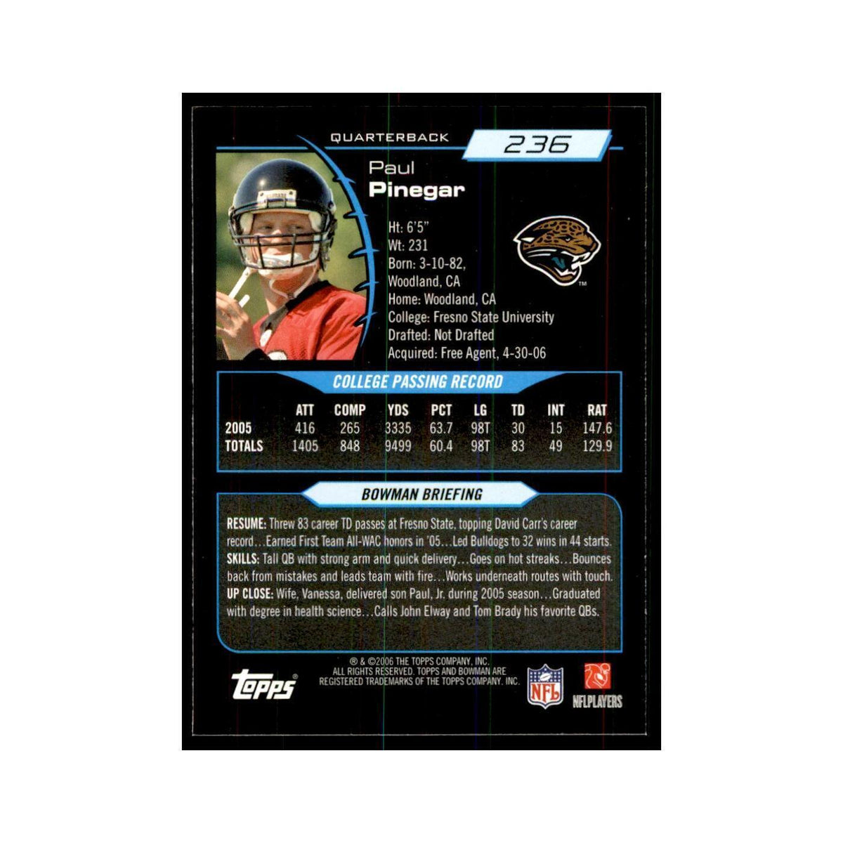 2006 Bowman Paul Pinegar Football Cards #236