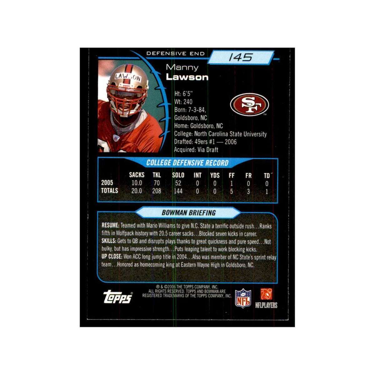 2006 Bowman Manny Lawson Football Cards #145