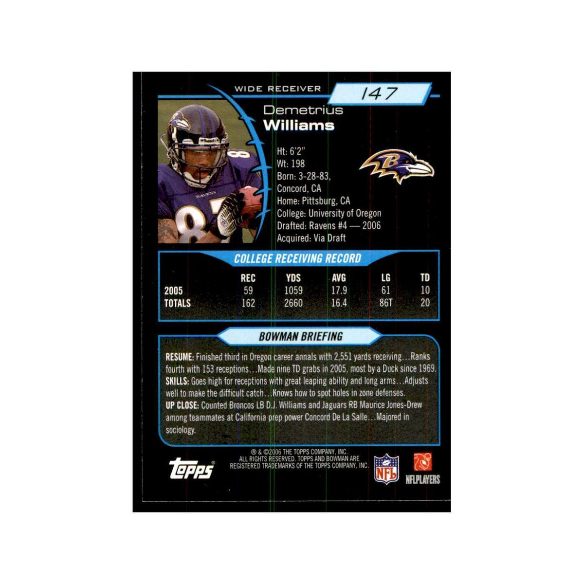 2006 Bowman Demetrius Williams Football Cards #147