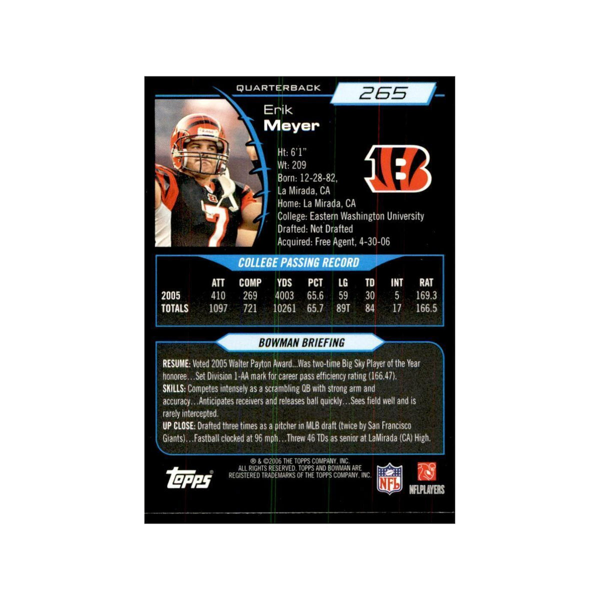 2006 Bowman Erik Meyer Football Cards #265