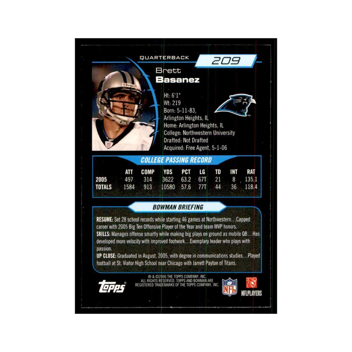 2006 Bowman Brett Basanez Football Cards #209