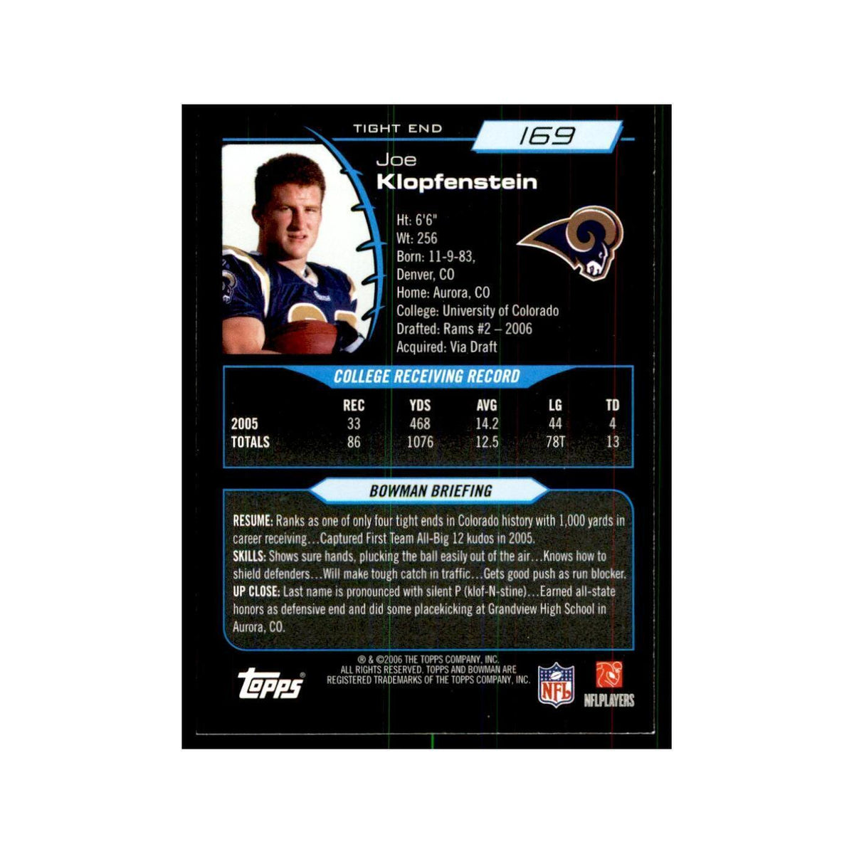 2006 Bowman Joe Klopfenstein Football Cards #169
