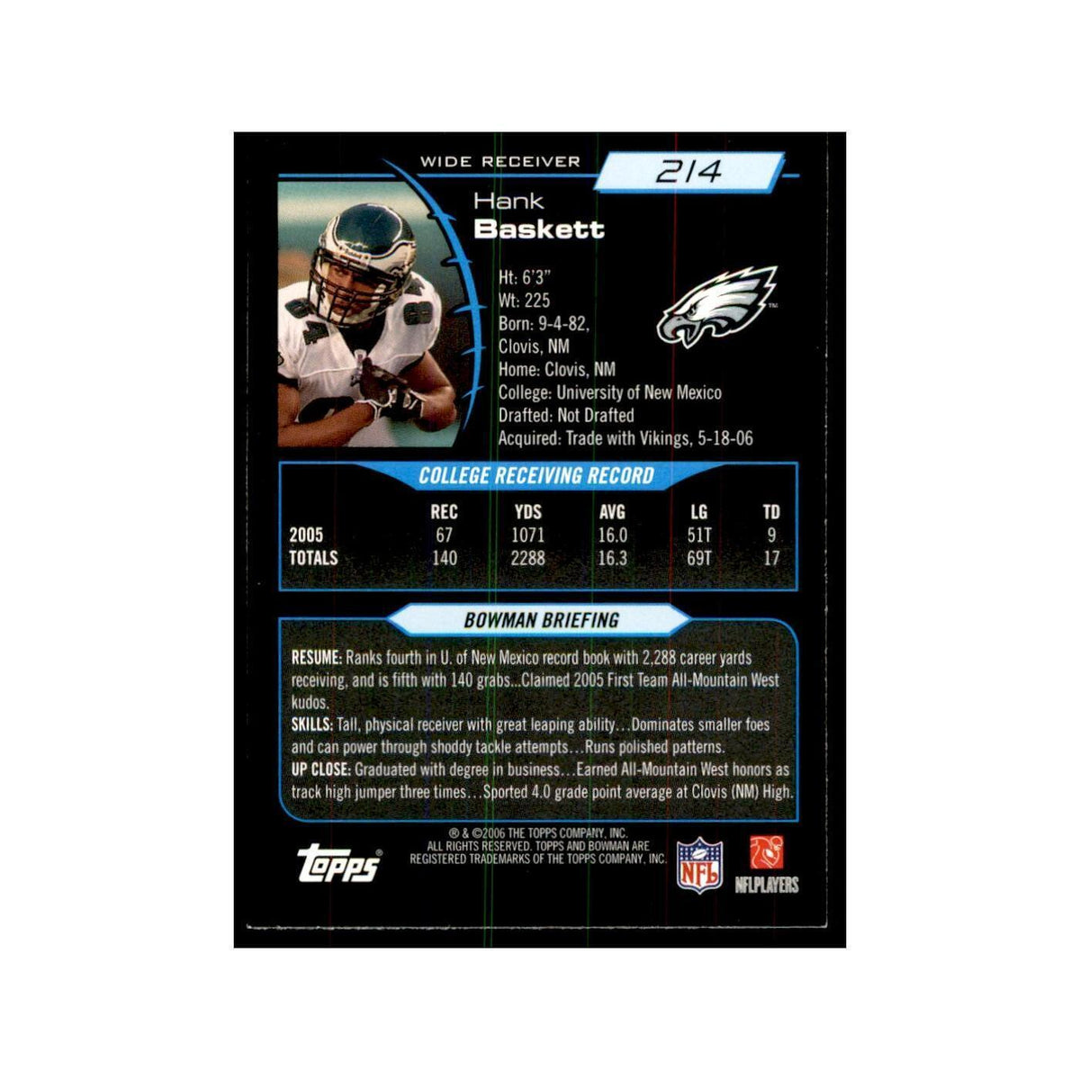 2006 Bowman Hank Baskett Football Cards #214