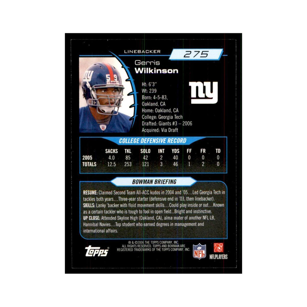 2006 Bowman Gerris Wilkinson Football Cards #275