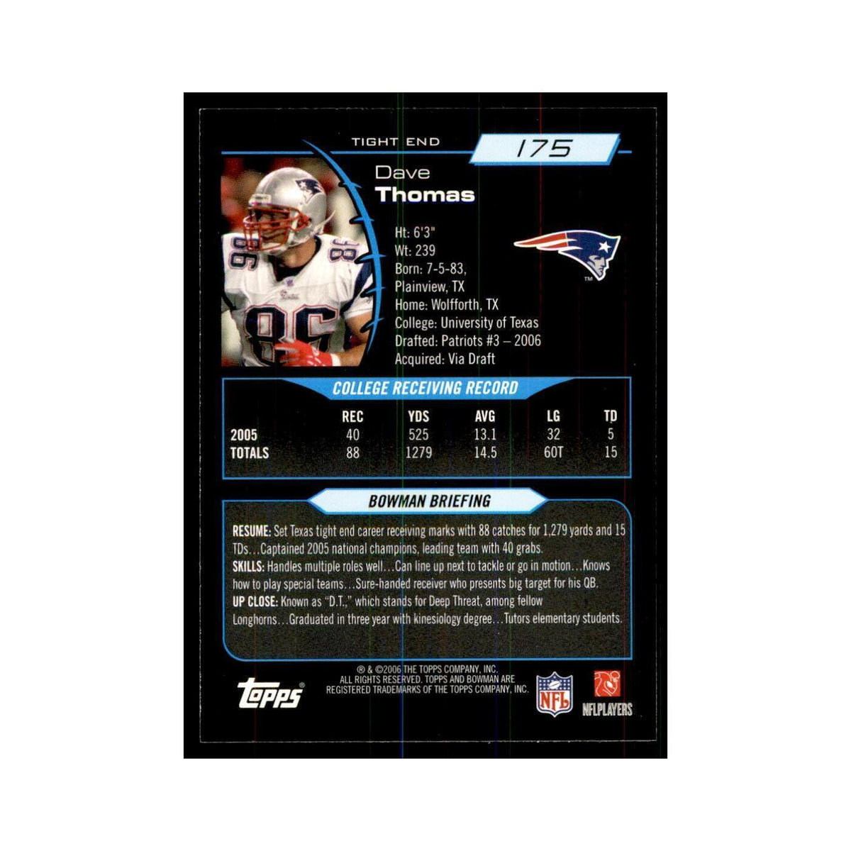 2006 Bowman David Thomas Football Cards #175