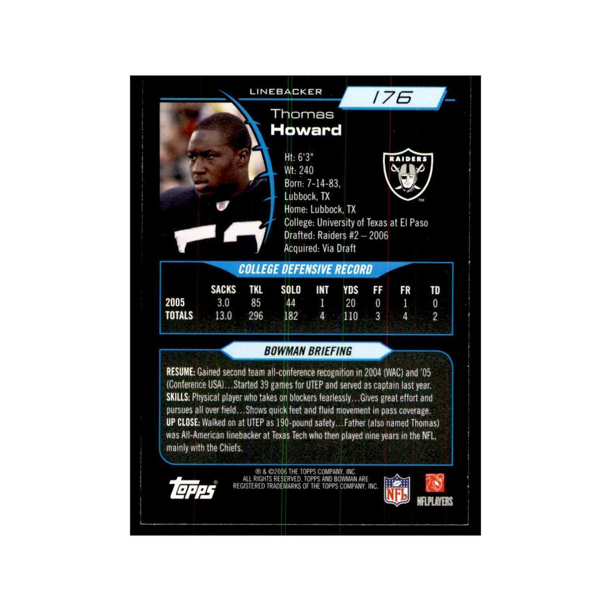 2006 Bowman Thomas Howard Football Cards #176