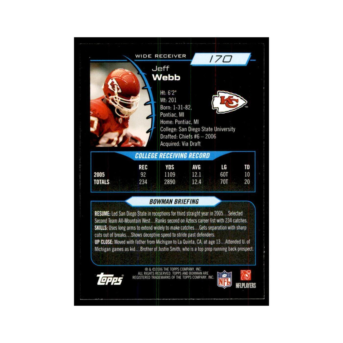 2006 Bowman Jeff Webb Football Cards #170