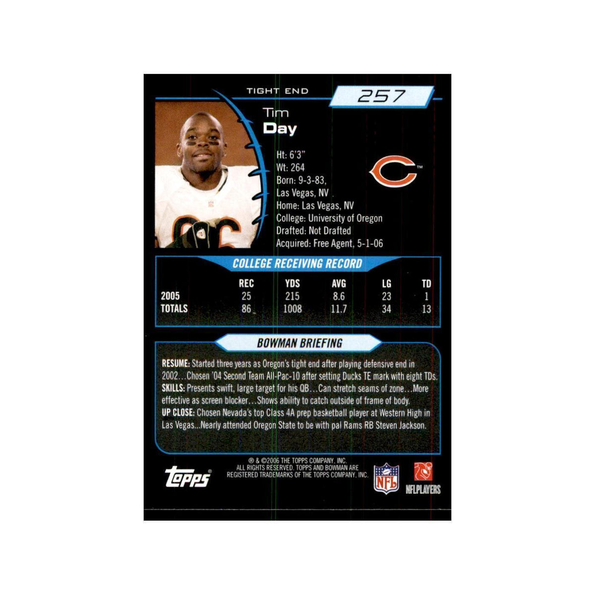 2006 Bowman Tim Day Football Cards #257