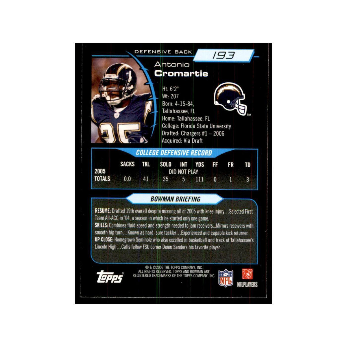 2006 Bowman Antonio Cromartie Football Cards #193