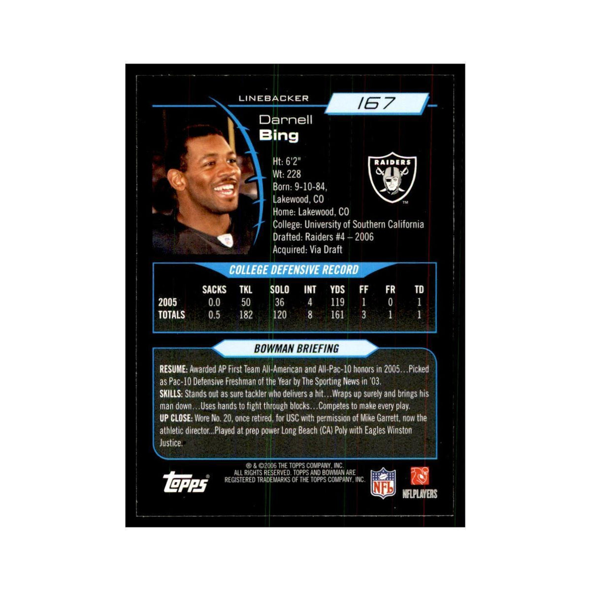2006 Bowman Darnell Bing Football Cards #167