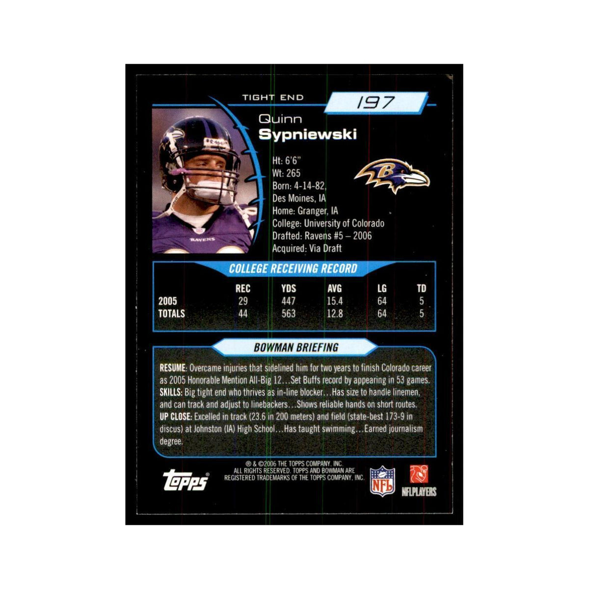 2006 Bowman Quinn Sypniewski Football Cards #197