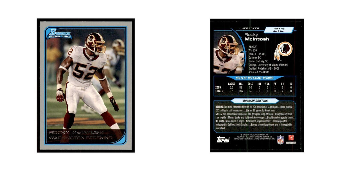 2006 Bowman Rocky Mcintosh Football Cards #212