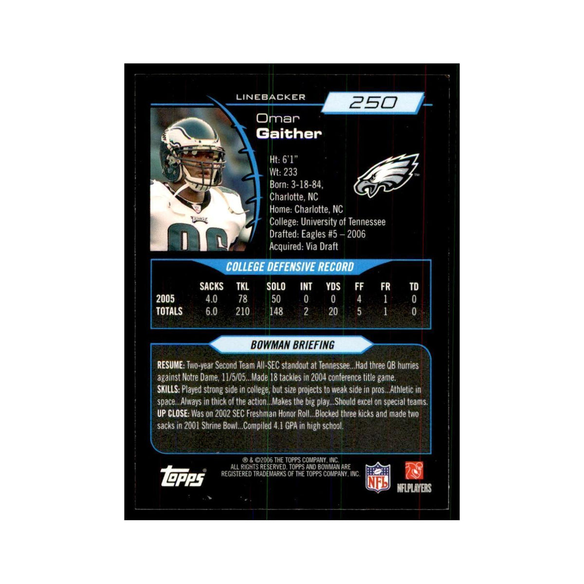 2006 Bowman Omar Gaither Football Cards #250