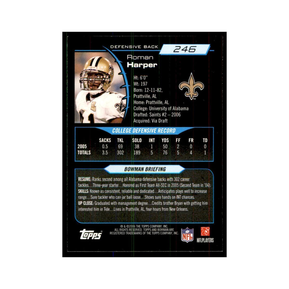 2006 Bowman Roman Harper Football Cards #246