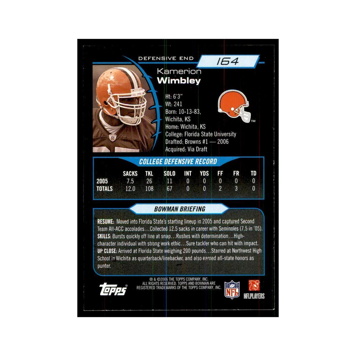 2006 Bowman Kamerion Wimbley Football Cards #164