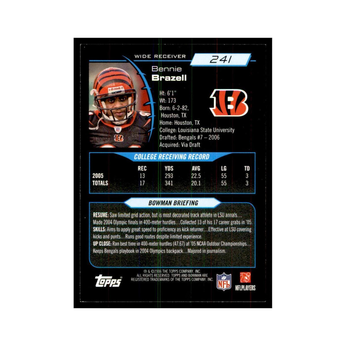 2006 Bowman Bennie Brazell Football Cards #241