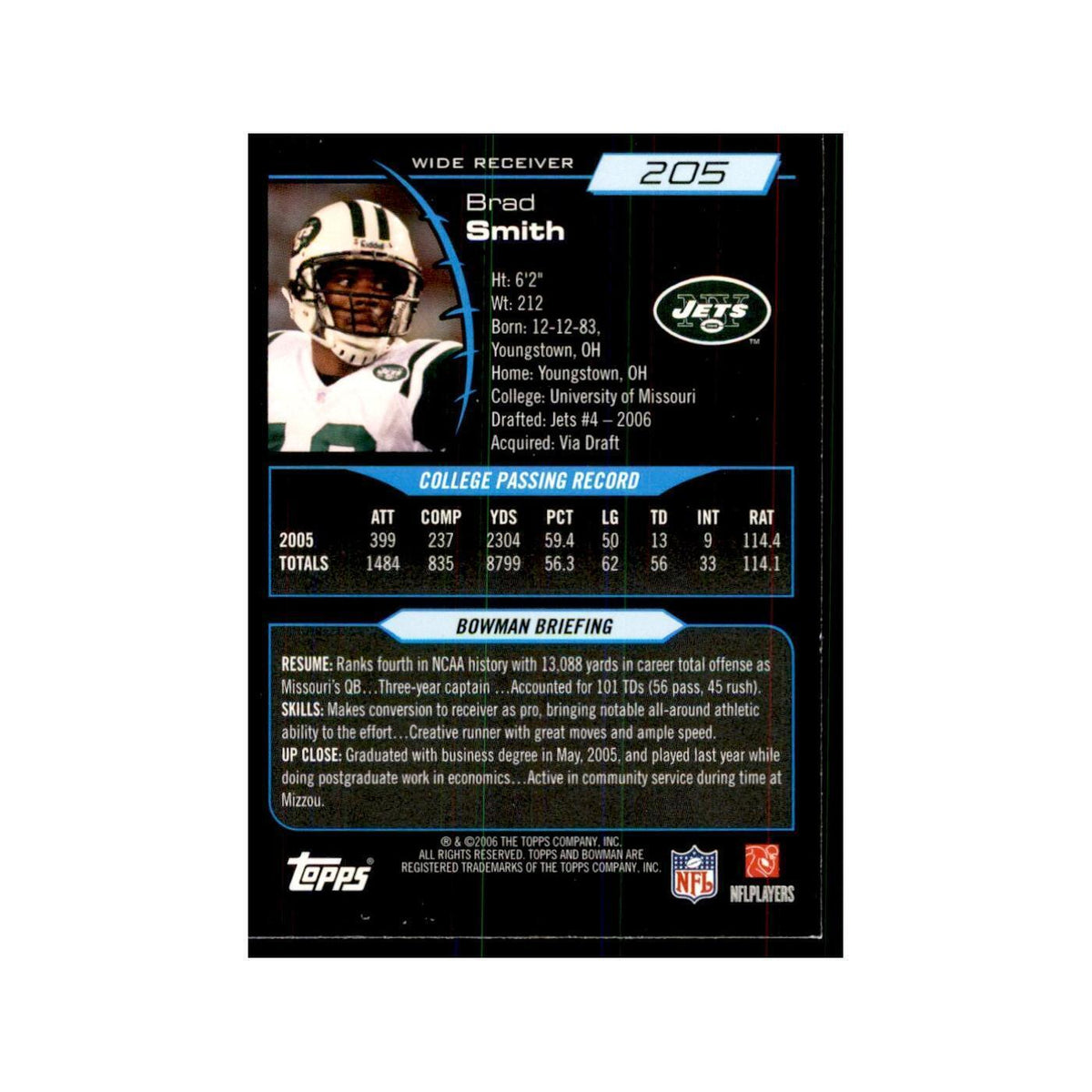 2006 Bowman Brad Smith Football Cards #205