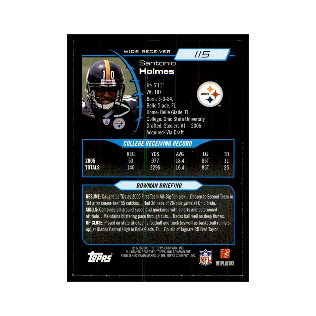 2006 Bowman Santonio Holmes Football Cards #115