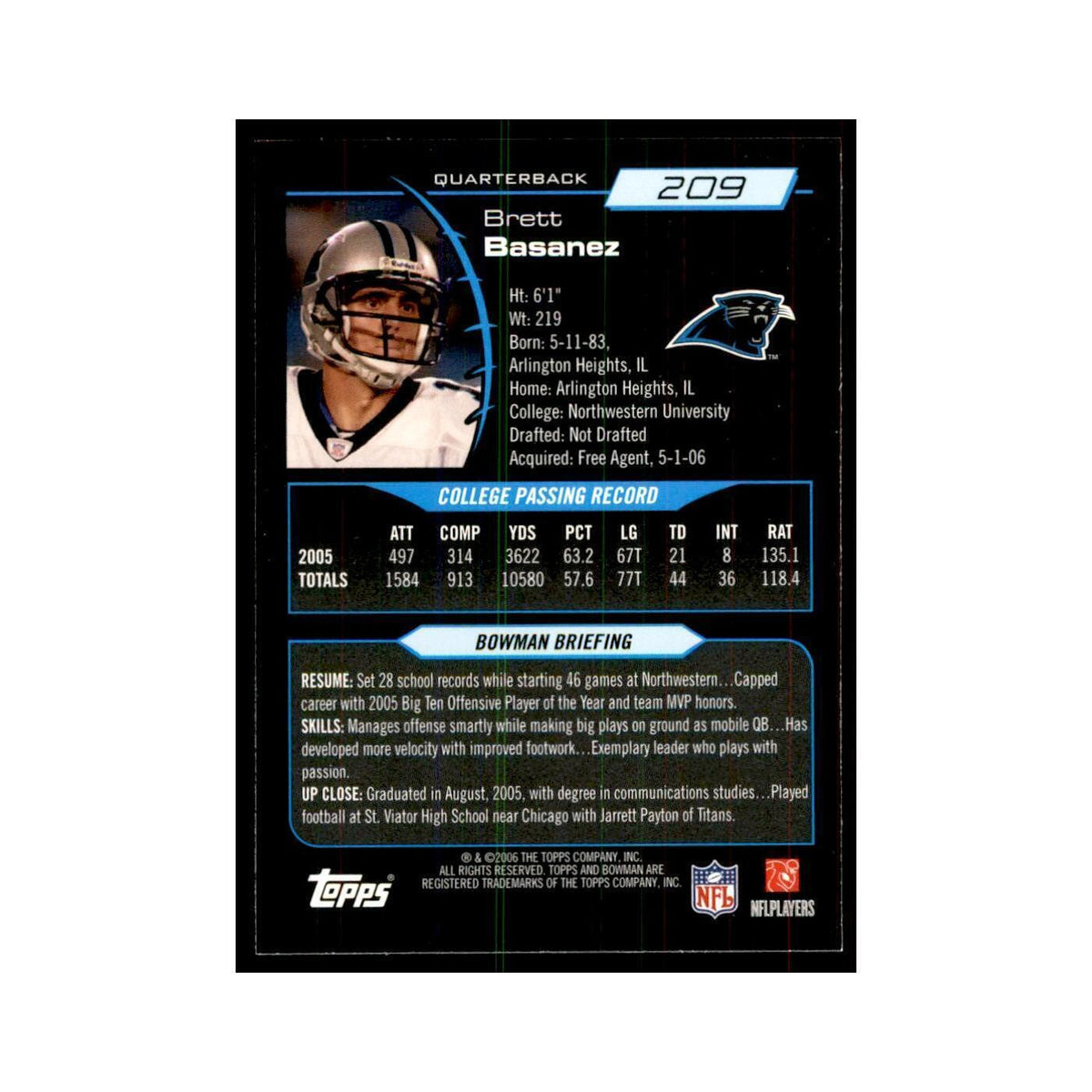 2006 Bowman Brett Basanez Football Cards #209