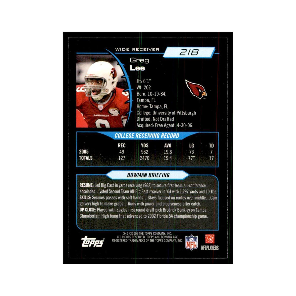 2006 Bowman Greg Lee Football Cards #218