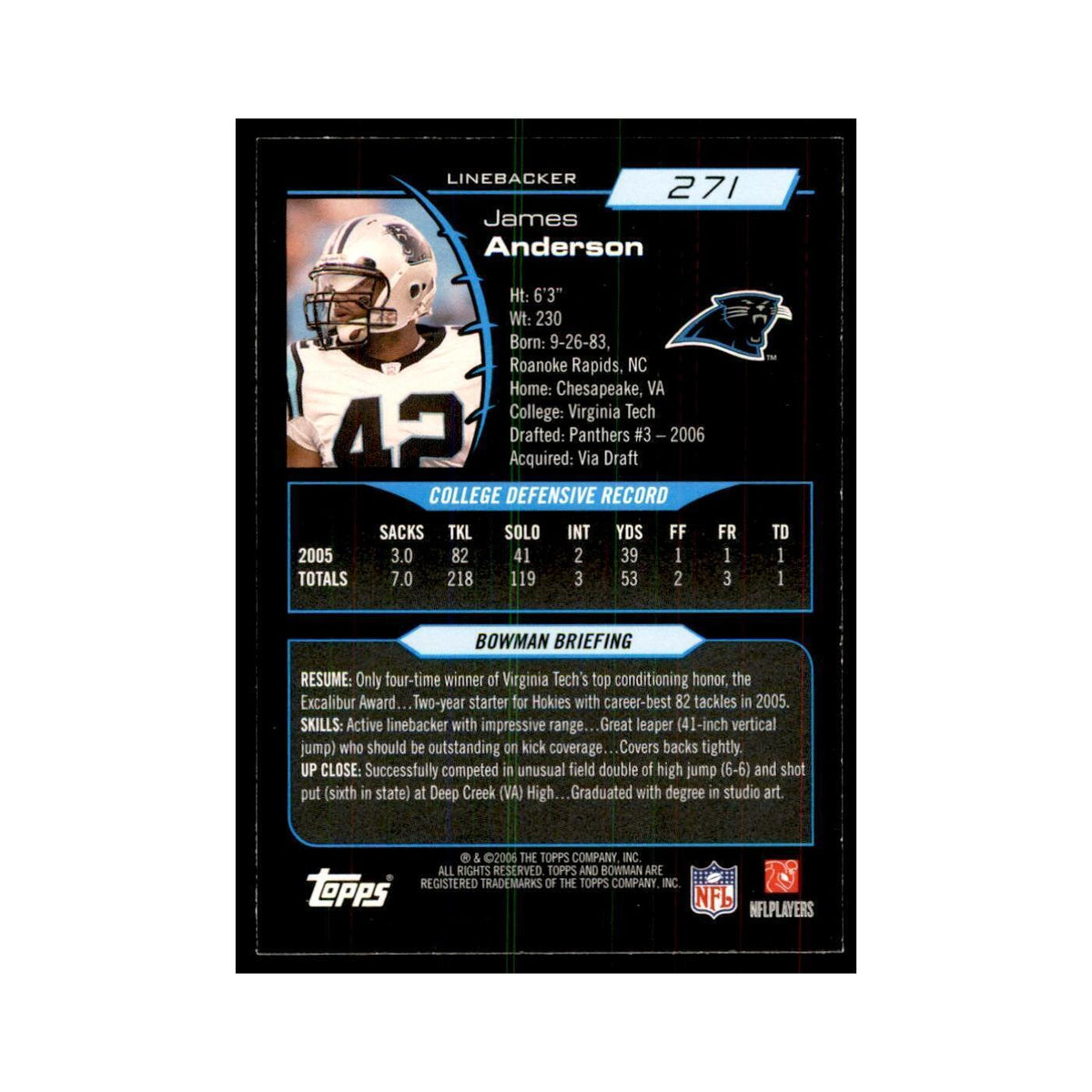 2006 Bowman James Anderson Football Cards #271