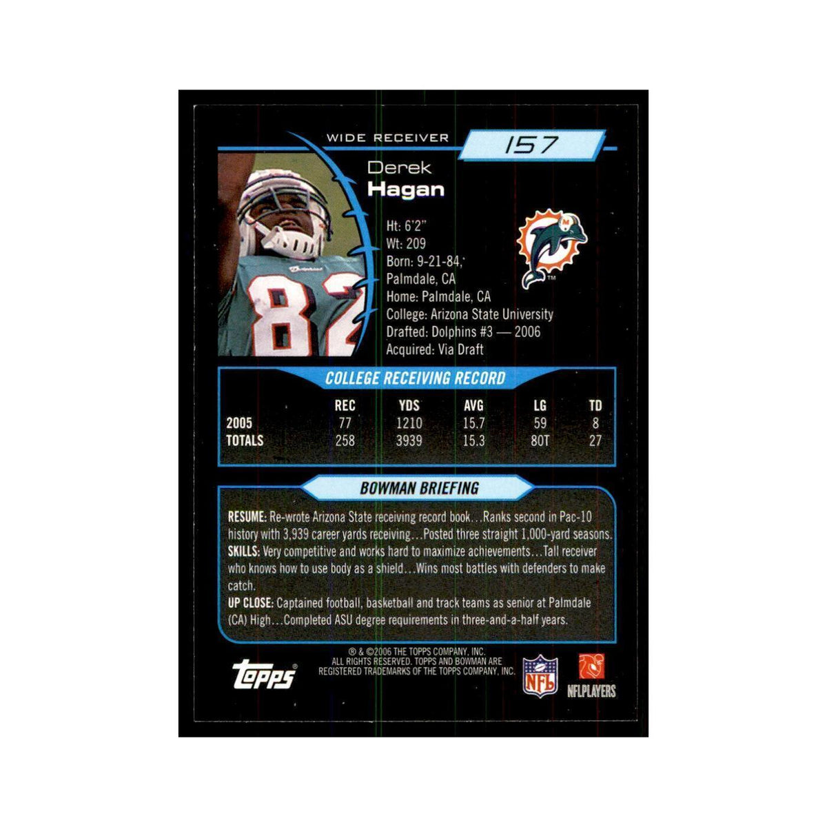 2006 Bowman Derek Hagan Football Cards #157