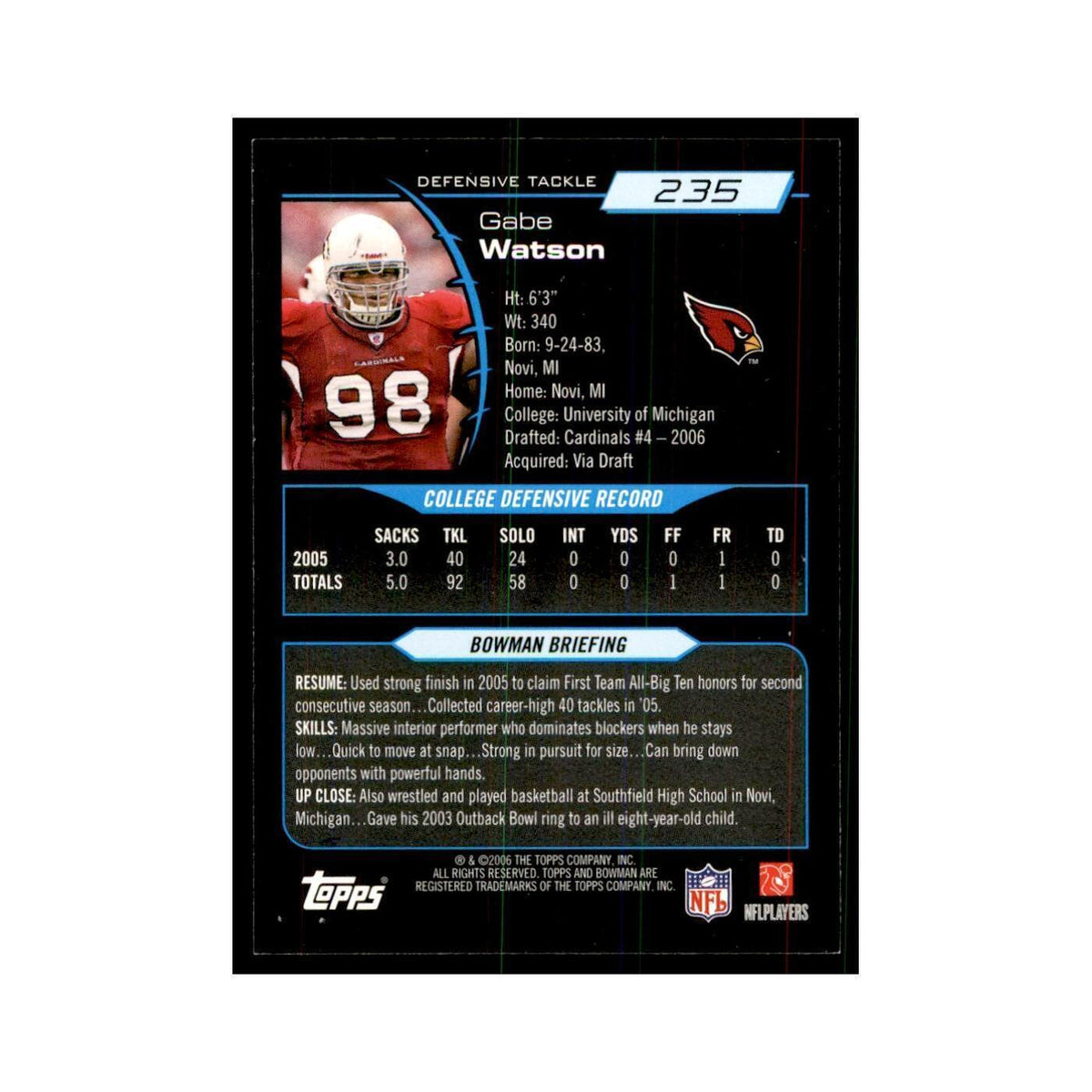 2006 Bowman Gabe Watson Football Cards #235