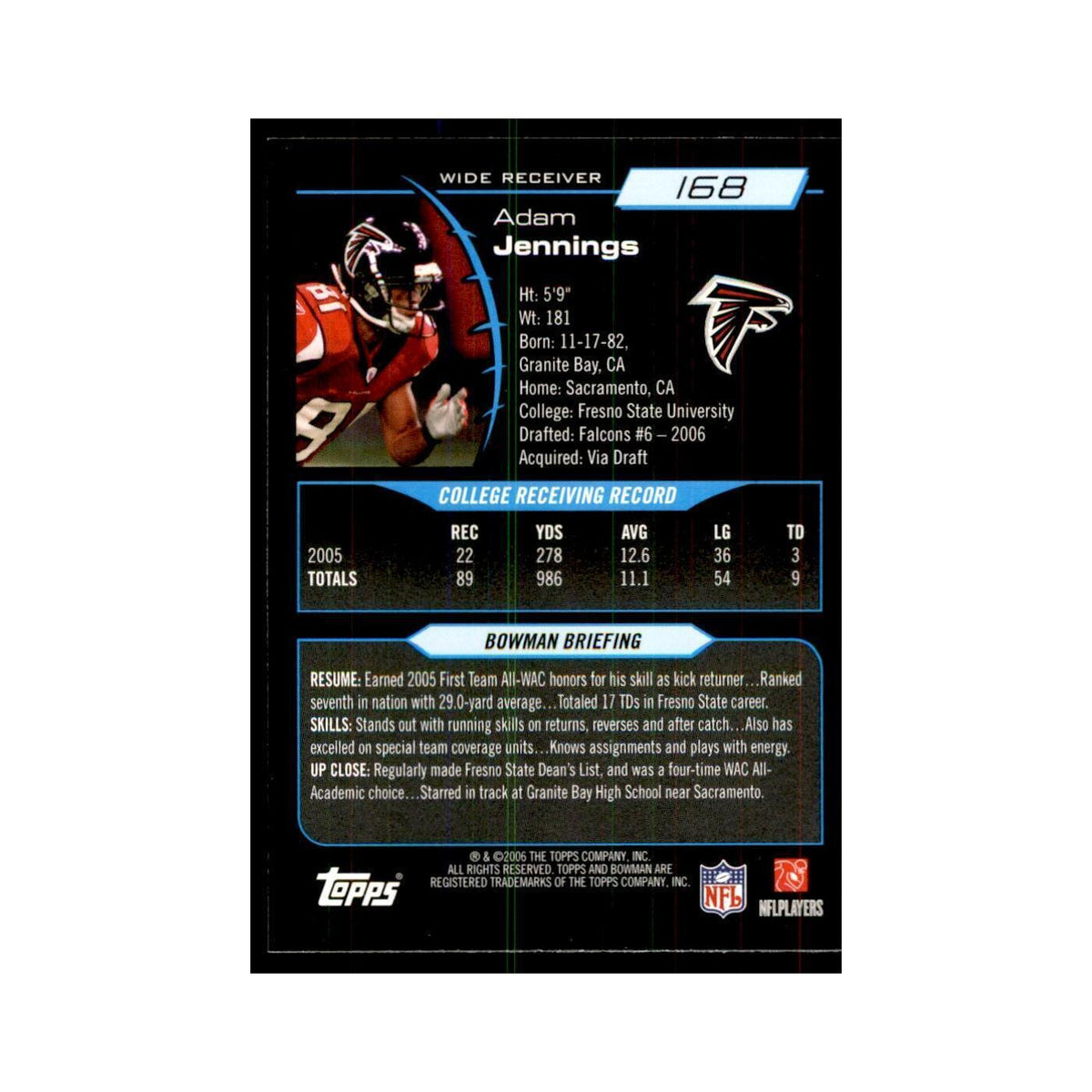 2006 Bowman Adam Jennings Football Cards #168