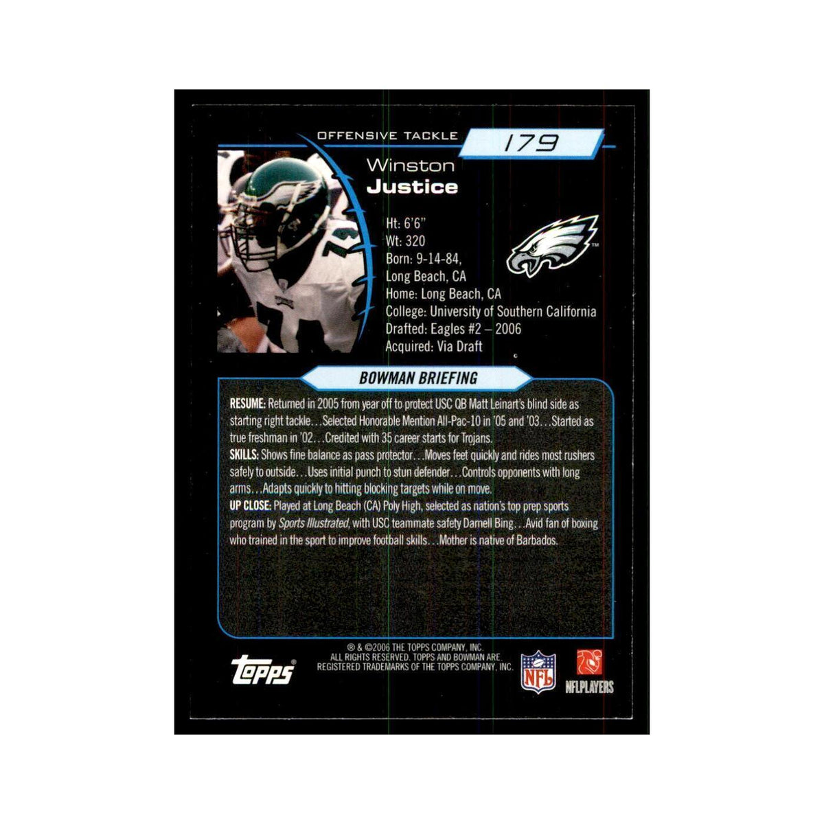 2006 Bowman Winston Justice Football Cards #179
