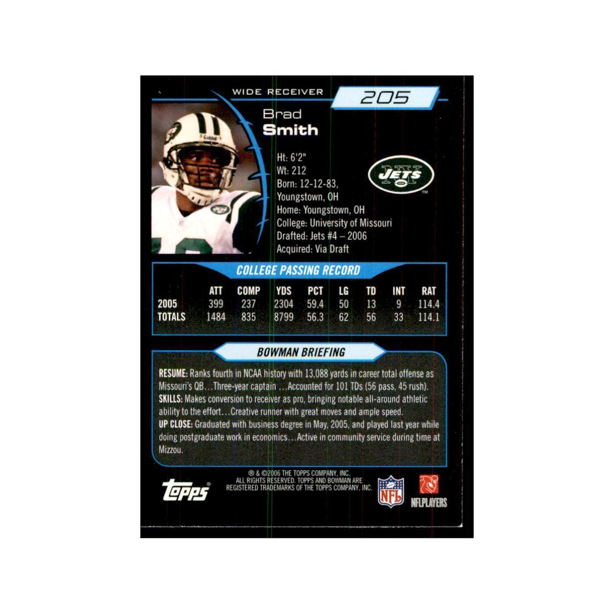 2006 Bowman Brad Smith Football Cards #205