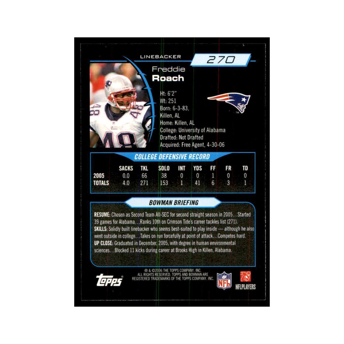2006 Bowman Freddie Roach Football Cards #270