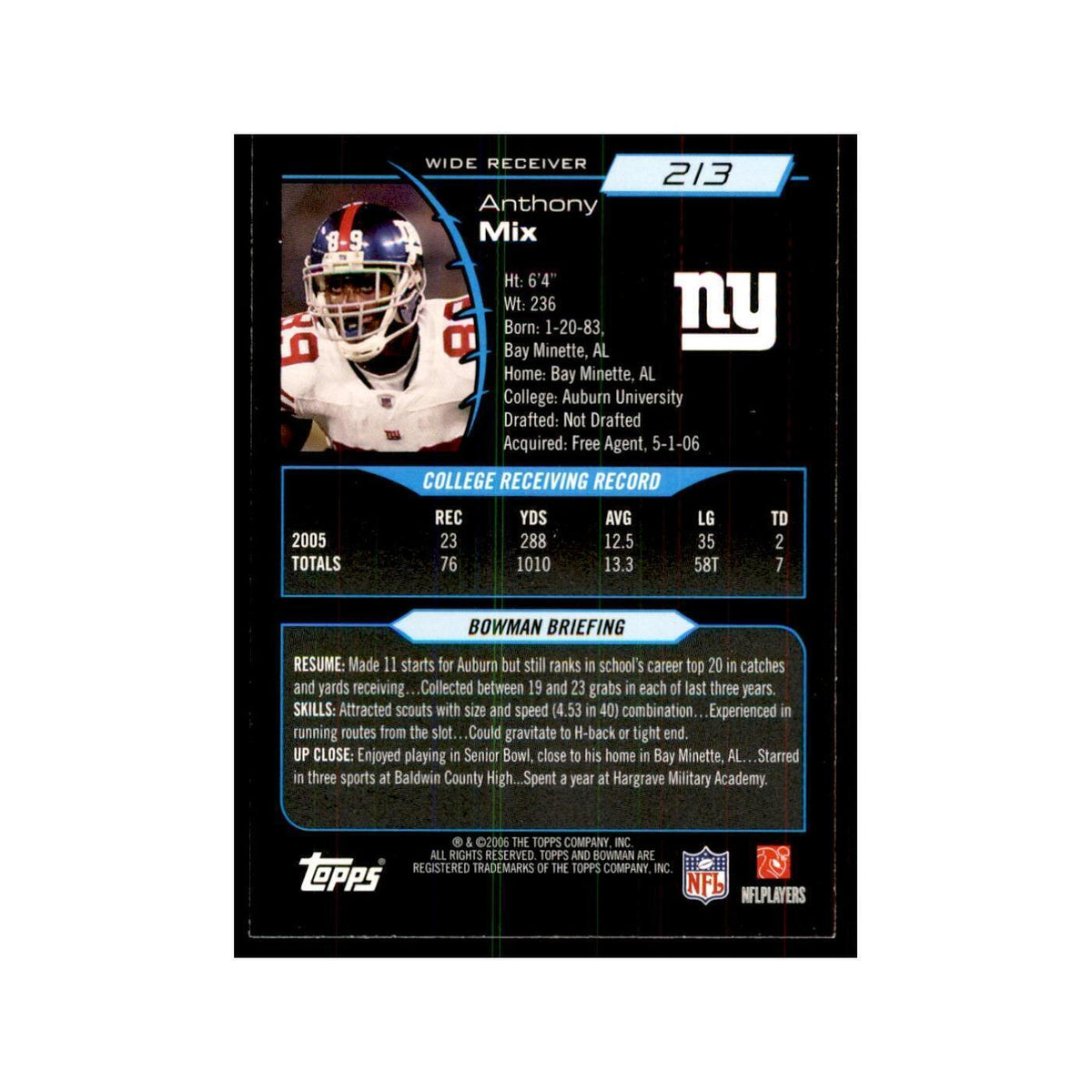 2006 Bowman Anthony Mix Football Cards #213
