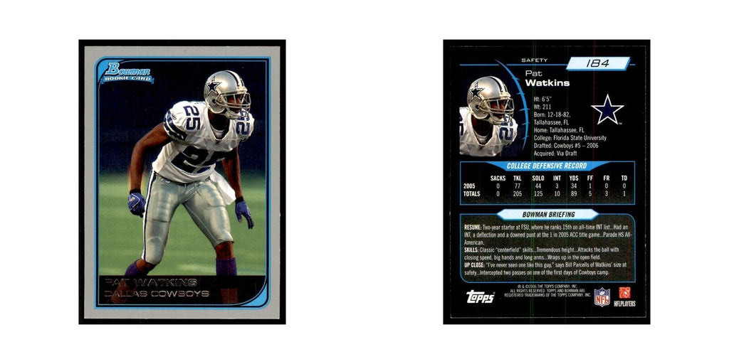 2006 Bowman Pat Watkins Football Cards #184