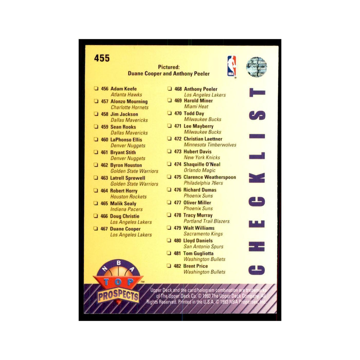 1992 Upper Deck NBA Top Prospects Checklist Basketball Cards #455