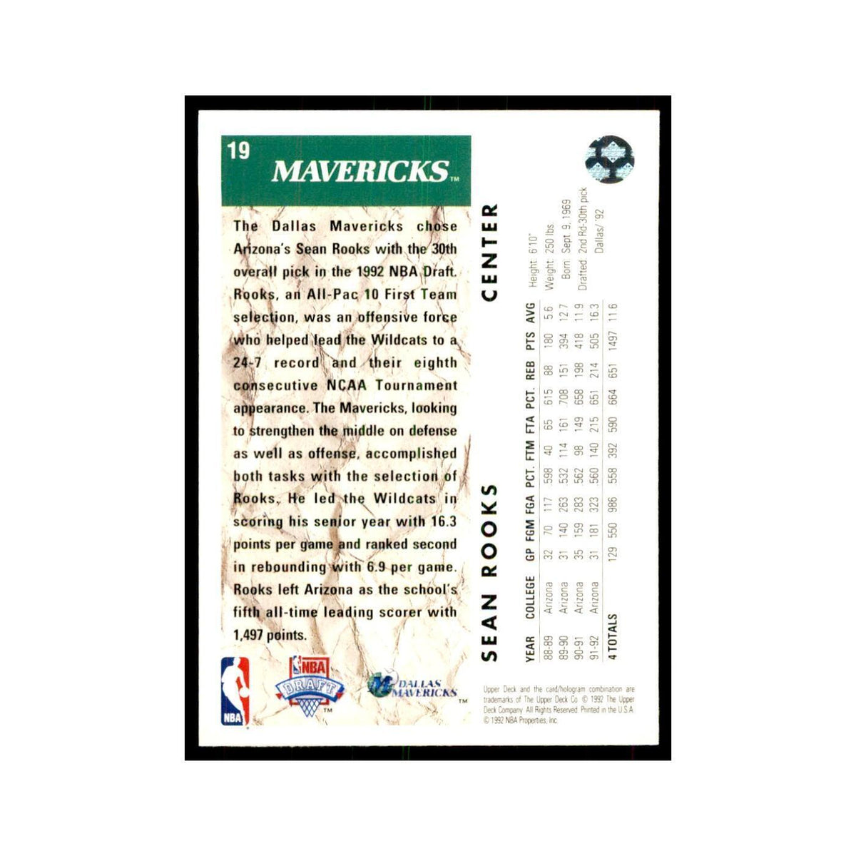 1992 Upper Deck Sean Rooks Basketball Cards #19