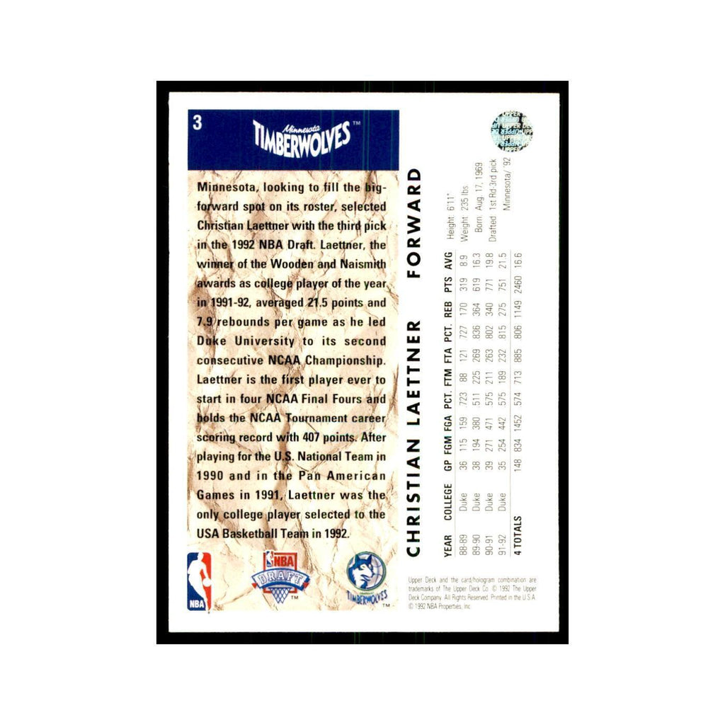 1992 Upper Deck Christian Laettner Basketball Cards #3