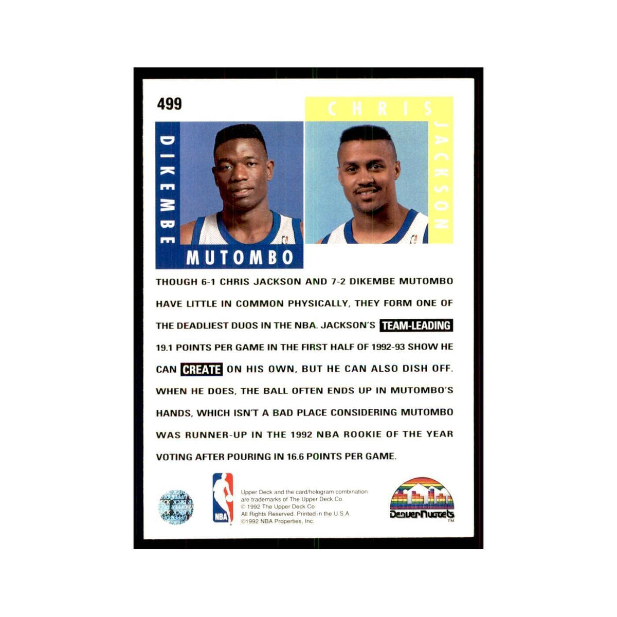 1992 Upper Deck Dikembe Mutombo/Chris Jackson Basketball Cards #499