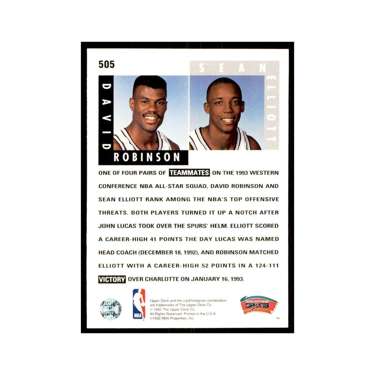 1992 Upper Deck David Robinson/Sean Elliott Basketball Cards #505