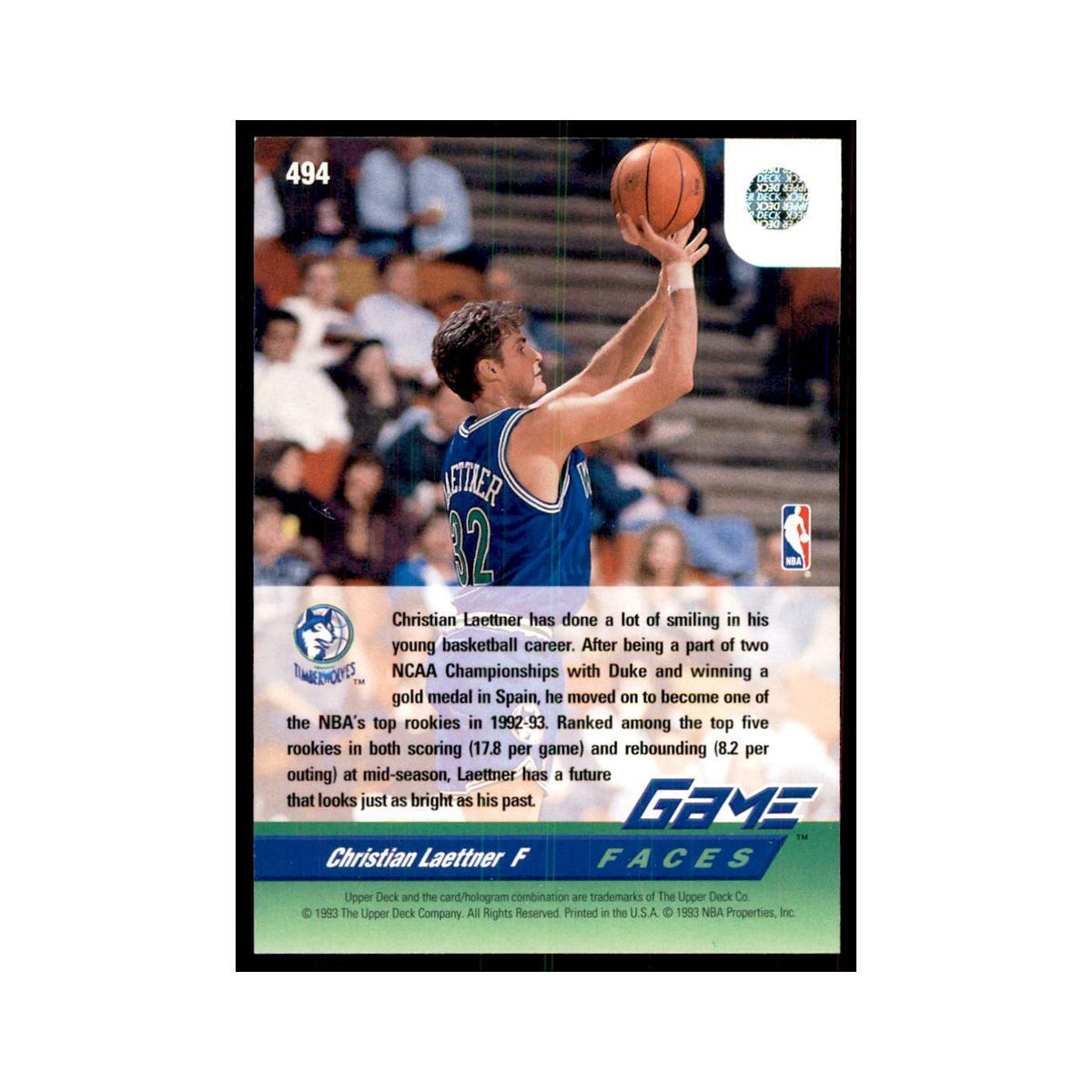 1992 Upper Deck Christian Laettner Basketball Cards #494