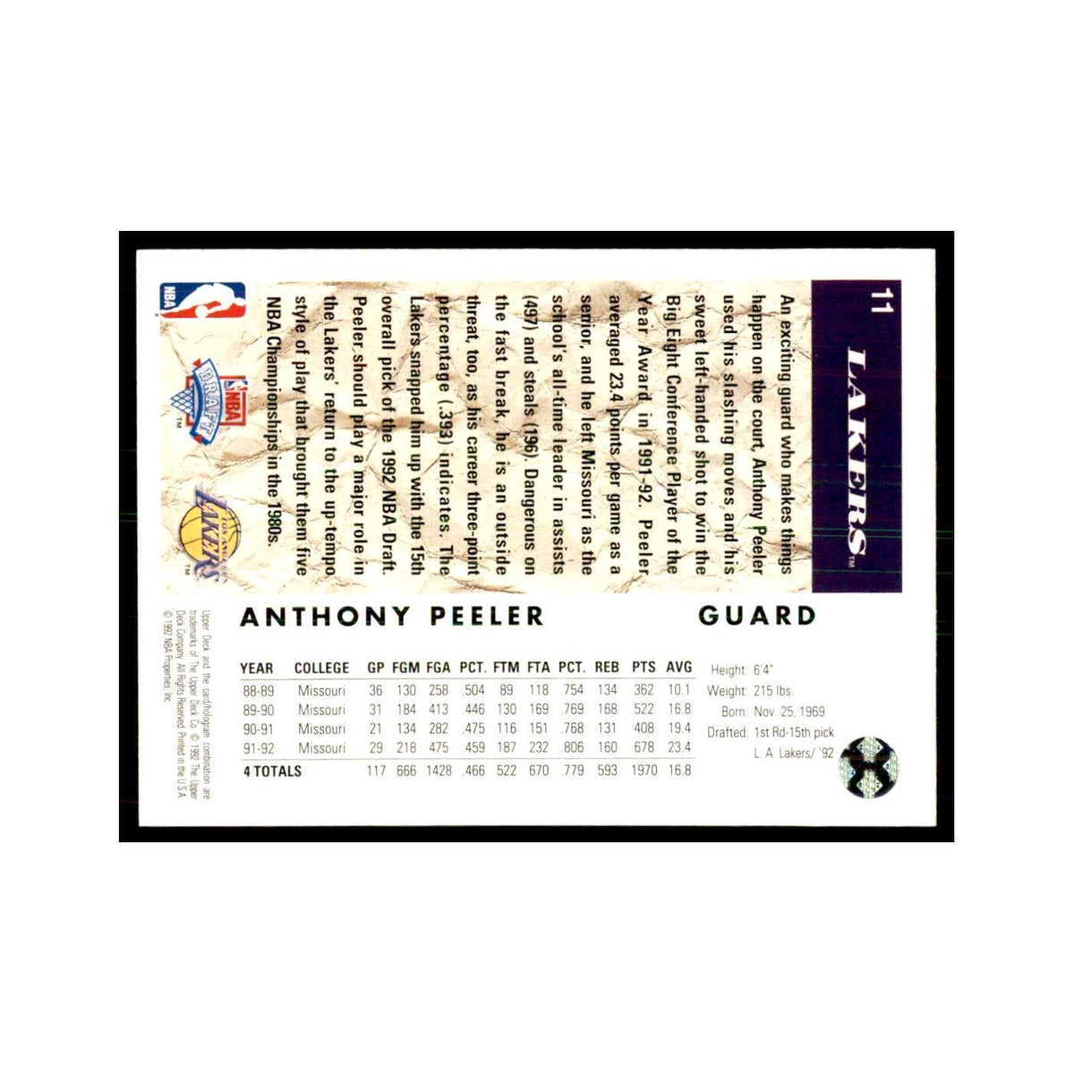 1992 Upper Deck Anthony Peeler Basketball Cards #11