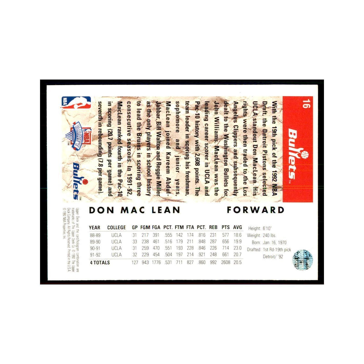 1992 Upper Deck Don MacLean Basketball Cards #16