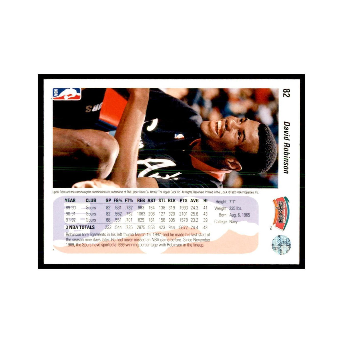 1992 Upper Deck David Robinson Basketball Cards #82
