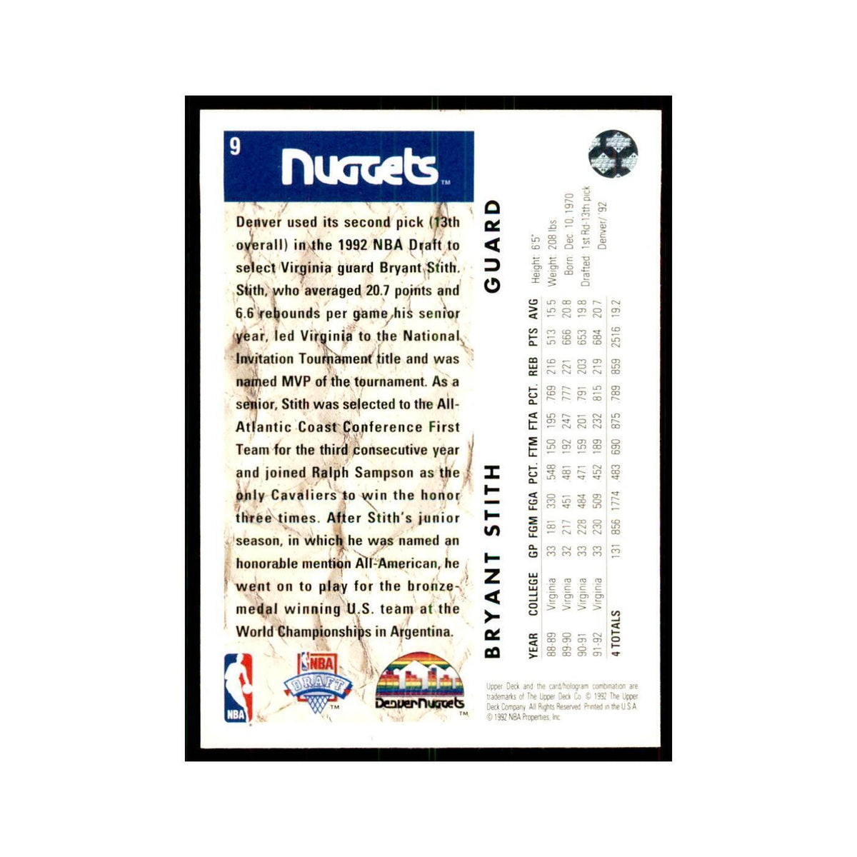 1992 Upper Deck Bryant Stith Basketball Cards #9