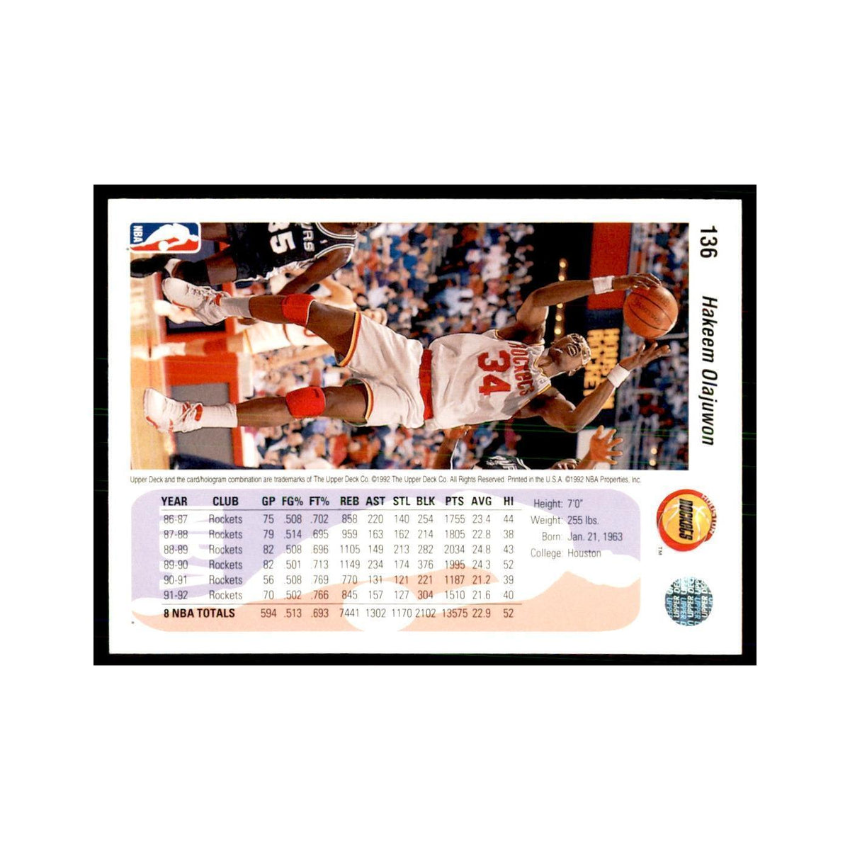 1992 Upper Deck Hakeem Olajuwon Basketball Cards #136