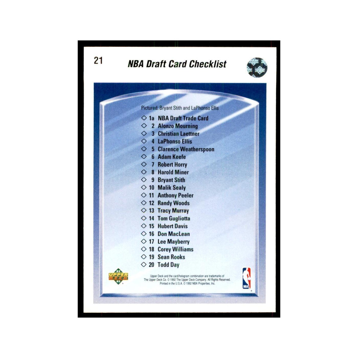 1992 Upper Deck NBA Draft Card Checklist DPK Basketball Cards #21