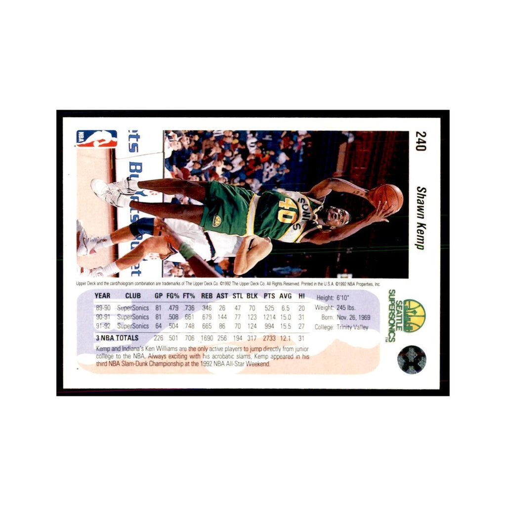 1992 Upper Deck Shawn Kemp Basketball Cards #240