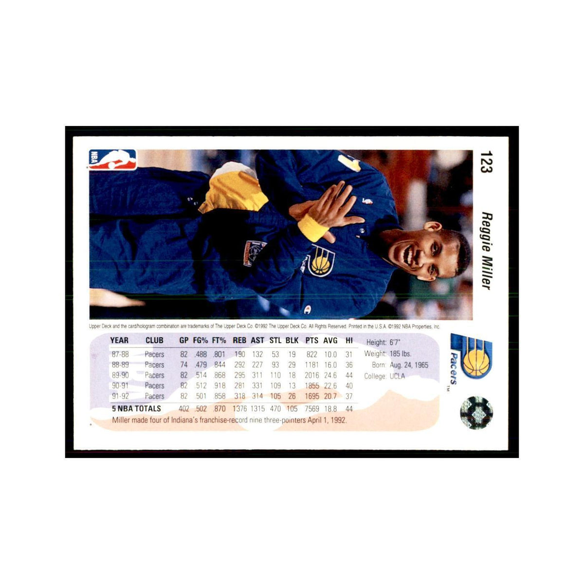 1992 Upper Deck Reggie Miller Basketball Cards #123