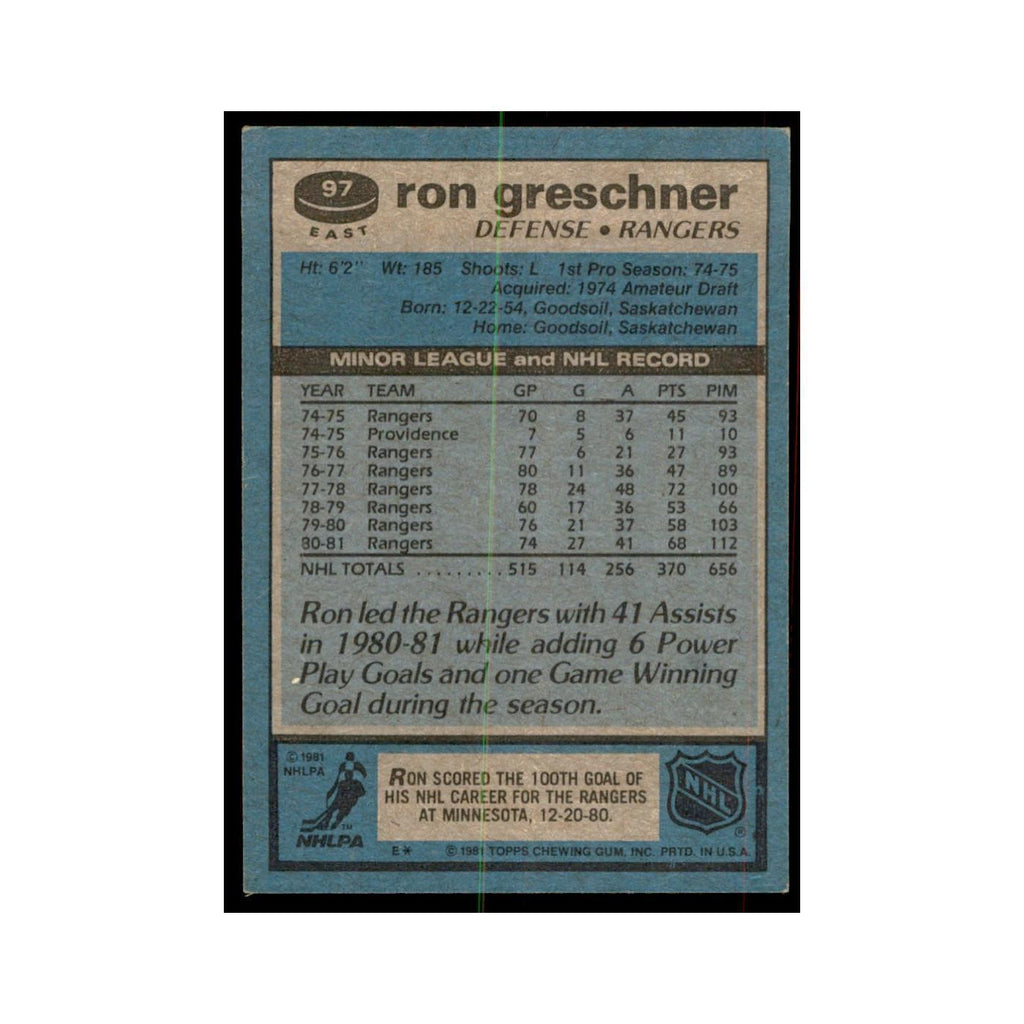 1981 Topps Ron Greschner Hockey Cards #E97